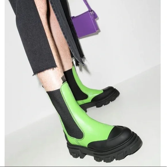 Like NEW Ganni Calf Leather Mid Chelsea Boot Neon Lime Green Chunky Lug … - Picture 2 of 9